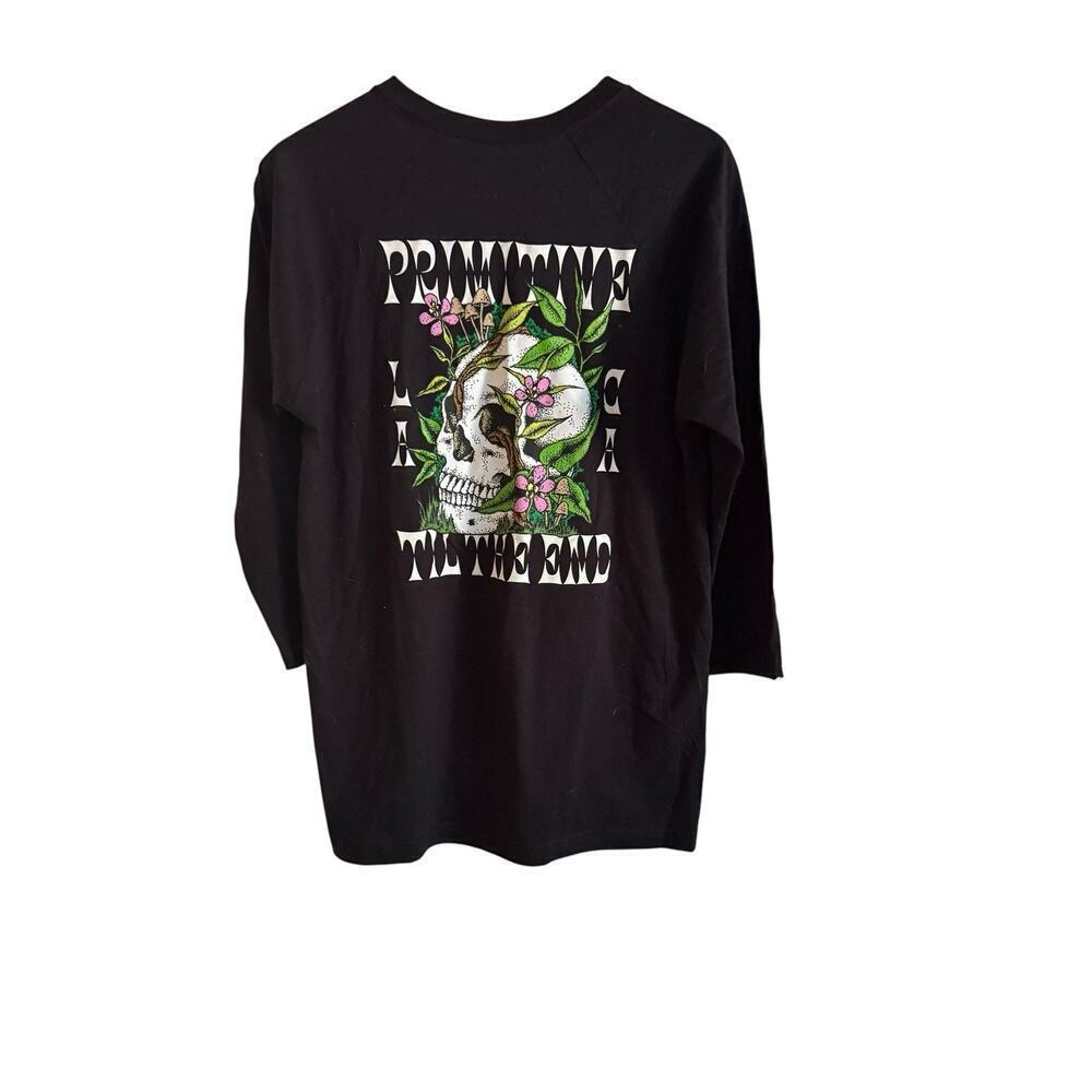 Primitive Skateboarding L.A. Skull Floral Graphic Shirt Size L 3/4 Sleeve Black